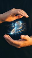 Hands holding glowing holographic key with digital light effects and data visualization on dark background, representing cybersecurity, innovation, and technology solutions.