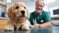 Adorable golden retriever puppy at veterinary checkup with male veterinarian in green scrubs and stethoscope visible in background on examination table.