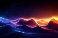 Abstract glowing waves with neon blue and orange colors against dark background create futuristic landscape with mountain silhouettes and starry sky.