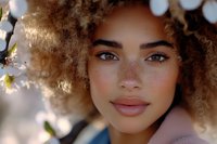 Close up portrait of young African American woman with natural curly hair and freckles outdoors in spring sunlight with blooming tree branches in soft focus background.