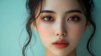 Young woman with East Asian ethnicity, porcelain complexion, warm brown eyes with peachy eyeshadow, coral-toned lips, dark hair styled with loose waves against turquoise background.