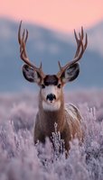 Majestic mule deer buck with large antlers standing in frosty sagebrush during pink sunrise in mountain wilderness habitat for wildlife photography.