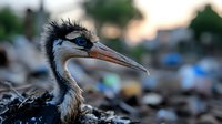 Young blue-eyed heron with distinctive black plumage and long beak in natural habitat, close-up portrait against blurred background showing environmental challenges.