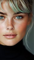 Close up portrait of young woman with freckles, blue eyes and mint green hair highlights wearing black turtleneck. Natural makeup and fresh complexion.