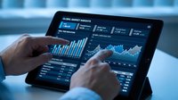 Business professional analyzing financial data on tablet with interactive charts and graphs showing market trends and analytics dashboard.