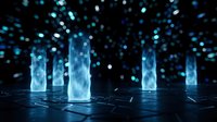 Futuristic crystal pillars glowing with blue light on reflective surface with bokeh particles creating sci-fi atmosphere for digital art projects.