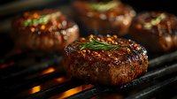 Juicy grilled beef steak with rosemary garnish cooking on flaming barbecue grill, close up view showing caramelized crust and flames below.