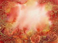 Festive red and gold watercolor background with ornamental lanterns and flourishes, ideal for holiday greeting cards, invitations, and seasonal marketing materials.
