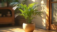Areca palm in ceramic beige pot on wooden surface with warm sunlight through window creating cozy atmosphere. Natural home decor with tropical houseplant.