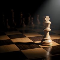 White chess king piece standing alone on wooden chessboard with dramatic lighting and blurred pieces in background for strategic business concepts.