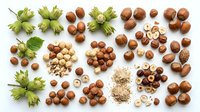 Assorted hazelnuts with green husks and shelled kernels arranged on white background, suitable for food photography, culinary design, nutrition content, and healthy eating promotions.