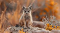 Young fox kit sitting on rock in autumn prairie, surrounded by golden grasses and wildflowers during sunset, creating warm natural wildlife scene.