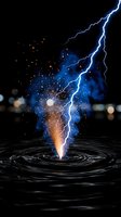 Lightning bolt strikes water surface creating dramatic electric discharge with blue sparks and ripples against dark background for energy concepts.