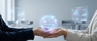 Young male and female professionals in business attire holding glowing digital sphere with network connections, representing data exchange, partnership, and technology innovation in corporate environment.