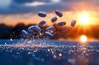 Flying pills scattered in sunlight against dramatic sunset sky with bokeh sparkles and glowing particles creating magical pharmaceutical atmosphere.