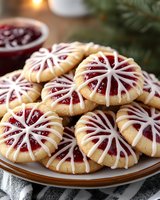 Festive jam-filled cookies with white icing drizzle arranged on wooden plate, perfect for holiday baking, Christmas treats and seasonal dessert presentations.