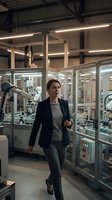 Middle-aged woman in professional attire walking through modern laboratory facility with glass-enclosed workstations, industrial lighting, and scientific equipment for research, technology, or engineering concepts.
