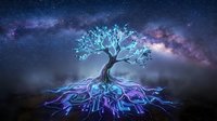 Mystical glowing tree with luminous roots under starry night sky with Milky Way galaxy creating magical fantasy landscape for digital art projects.