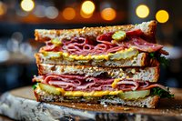 Gourmet deli sandwich with layers of ham, pickles and melted cheese on toasted artisan bread, perfect for menu, restaurant promotion or food blog.