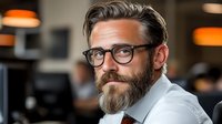 Professional middle-aged Caucasian businessman with beard and glasses in modern office environment for corporate marketing materials.