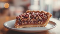 Slice of caramel pecan pie with chocolate drizzle on white plate, featuring gooey filling, crisp pastry crust and toasted nuts in warm lighting against blurred background.