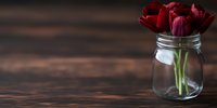 Fresh red tulips arranged in clear glass mason jar on rustic wooden table with dark moody background, romantic floral composition for home decor.