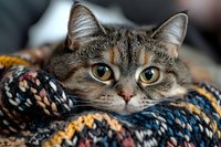 Adorable tabby cat with golden eyes wrapped in cozy knitted blanket, domestic pet relaxing indoors, feline comfort and warmth concept for home decor.