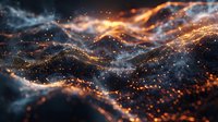 Abstract digital waves with golden particles flowing through cosmic space creating dynamic energy patterns for technology and science backgrounds.