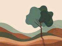 Minimalist landscape with solitary tree on rolling hills in earth tones, abstract nature scene for wall art and modern interior design projects.