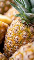 Fresh ripe pineapple with water drops on golden yellow skin, extreme close up macro shot showing detailed texture and natural pattern of fruit surface.