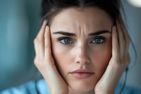 Young woman with intense blue eyes expressing anxiety and worry, holding head in hands against blurred teal background. Close-up portrait showing emotional distress.