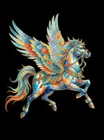Ornate winged horse with intricate turquoise, gold, and orange decorative patterns, isolated on transparent background. Ready for t-shirts, clipart, stickers, sublimation, and print-on-demand designs.