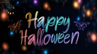 Colorful neon Happy Halloween text with glowing spider web and bats against dark background with bokeh lights for festive holiday design projects.