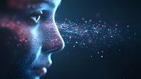 Side profile of young woman with glowing particles emanating from nose in dark atmosphere with blue and pink ethereal lighting effects creating magical sensory concept.