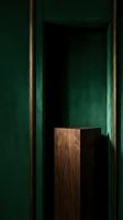 Elegant wooden pedestal in a dark green velvet niche with gold frame, luxury product display podium for showcase presentation.