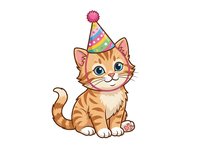 Orange tabby kitten wearing colorful party hat, sitting with happy expression. Isolated clipart suitable for greeting cards, invitations, children's designs, t-shirts and festive decorations.