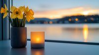 Yellow daffodils in ceramic vase and glowing candle on windowsill at dusk, with blurred waterfront city lights reflecting on calm water surface at sunset.