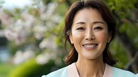 Cheerful Asian woman in pink blouse smiling outdoors with cherry blossoms in background, expressing joy and confidence. Natural spring portrait with soft bokeh effect.
