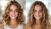 Young Caucasian woman with wavy shoulder-length honey blonde hair and natural makeup smiling at camera against blurred background, beauty and fashion portrait diptych.