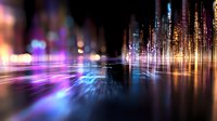 Futuristic cityscape reflection on wet surface with glowing neon lights and bokeh effect creating dynamic urban nightscape with purple and blue colors.