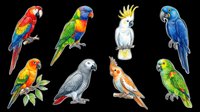 Colorful parrots and macaws isolated on transparent background, ready for t-shirt design, clipart, stickers, sublimation, print-on-demand products and digital crafts.