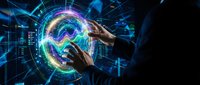 Hands reaching toward glowing digital brain with neural networks and data streams representing artificial intelligence and machine learning technology.