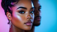 Young African American woman with glowing skin and dramatic makeup in neon pink and blue lighting, showcasing professional beauty and cosmetic artistry for editorial use.
