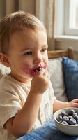 Toddler boy with light brown hair and fair complexion eating fresh blueberries from a bowl, with berry stains on his face, sitting indoors near a window in casual clothing.