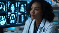 Young African American female doctor analyzing brain MRI scans in modern medical facility with advanced diagnostic technology and equipment.