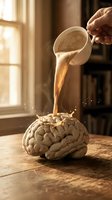 Hand pouring liquid into brain model on wooden table with warm window light, conceptual representation of knowledge, learning, and mental development for educational and creative projects.