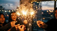 Diverse group of young adults holding lit sparklers at sunset on urban rooftop, celebrating with glowing fireworks and bokeh city lights in background.