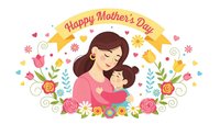 Mother embracing child surrounded by floral wreath with Happy Mother's Day banner. Maternal love celebration card with decorative flowers and hearts.