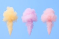 Colorful cotton candy clouds in pastel yellow, pink and coral shades floating against light blue background, creating dreamy ice cream cone shapes. For food and fantasy designs.