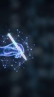 Digital hand reaching through glowing network connections with futuristic light effects on dark background for technology and connectivity concepts.